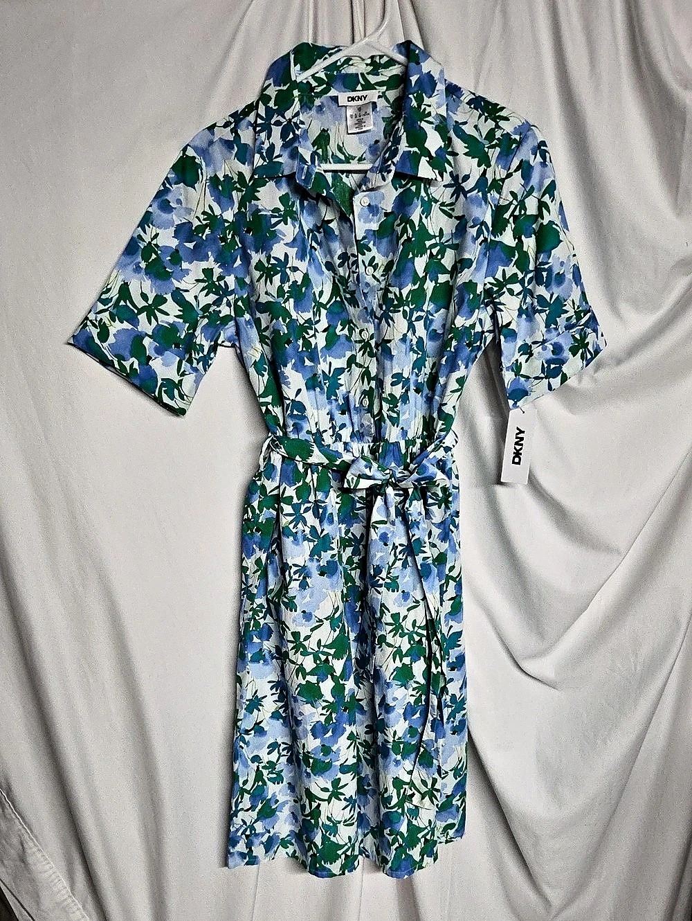NWT DKNY Floral Tie-Waist Midi Dress Blue & Green Size 10